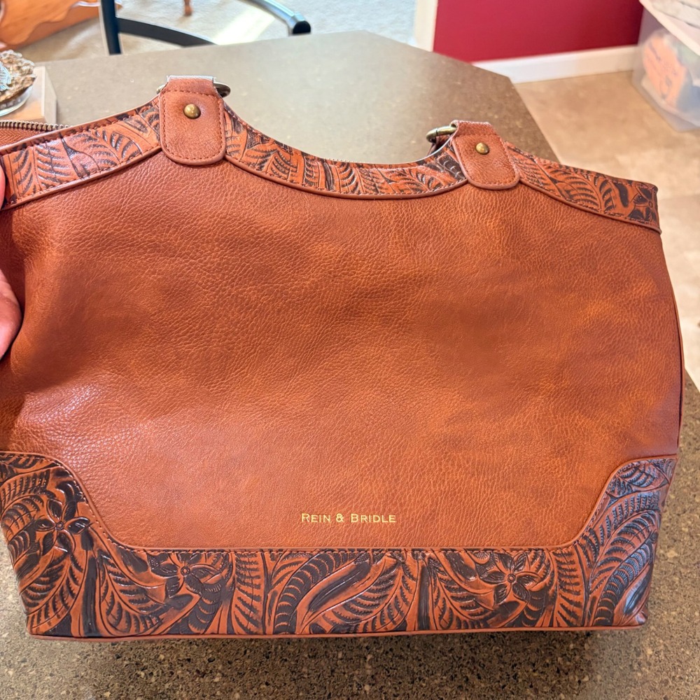 Rein & Bridle Brown Tooled Floral Western‎ Tote Bag Faux Leather Cognac Handbag